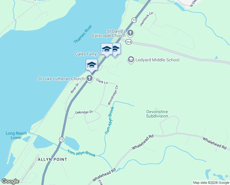 map of restaurants, bars, coffee shops, grocery stores, and more near 38 Woodridge Circle in Ledyard