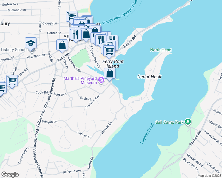 map of restaurants, bars, coffee shops, grocery stores, and more near 230 Skiff Avenue in Tisbury