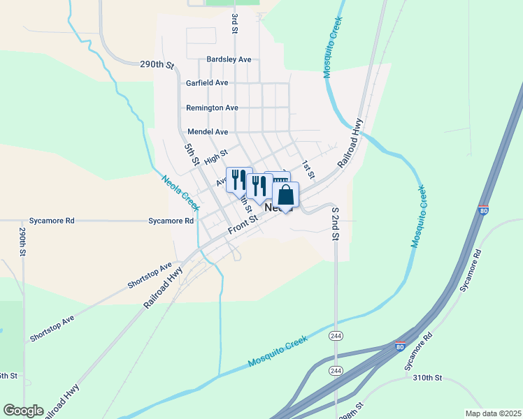 map of restaurants, bars, coffee shops, grocery stores, and more near 306 Front Street in Neola