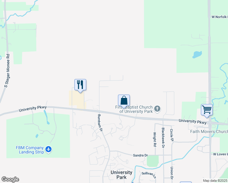 map of restaurants, bars, coffee shops, grocery stores, and more near 599 Burnham Drive in University Park