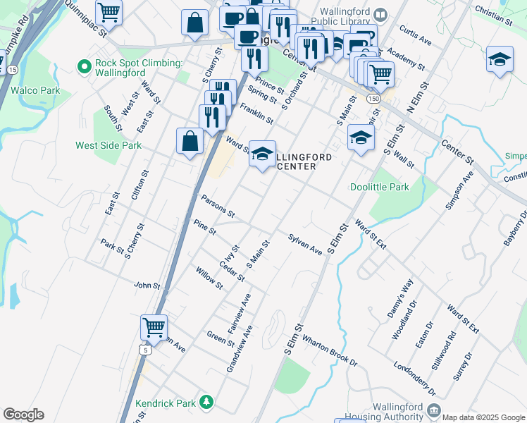 map of restaurants, bars, coffee shops, grocery stores, and more near 196 South Whittlesey Avenue in Wallingford