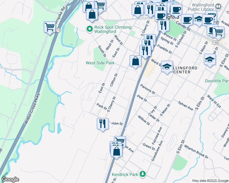 map of restaurants, bars, coffee shops, grocery stores, and more near 235 South Cherry Street in Wallingford