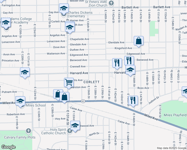 map of restaurants, bars, coffee shops, grocery stores, and more near 13705 Crennell Avenue in Cleveland