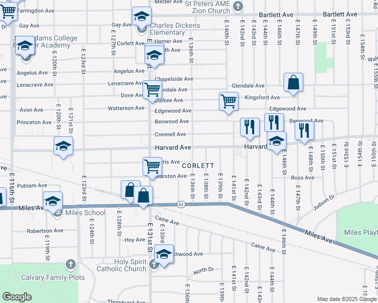 map of restaurants, bars, coffee shops, grocery stores, and more near 13512 Crennell Avenue in Cleveland