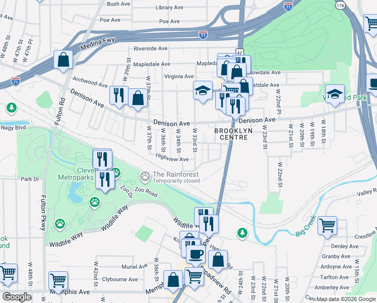 map of restaurants, bars, coffee shops, grocery stores, and more near 3875 West 33rd Street in Cleveland
