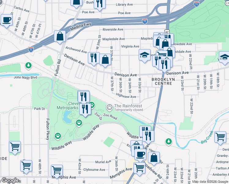 map of restaurants, bars, coffee shops, grocery stores, and more near 3874 West 36th Street in Cleveland