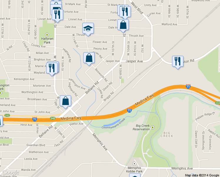 map of restaurants, bars, coffee shops, grocery stores, and more near 3769 West 107th Street in Cleveland