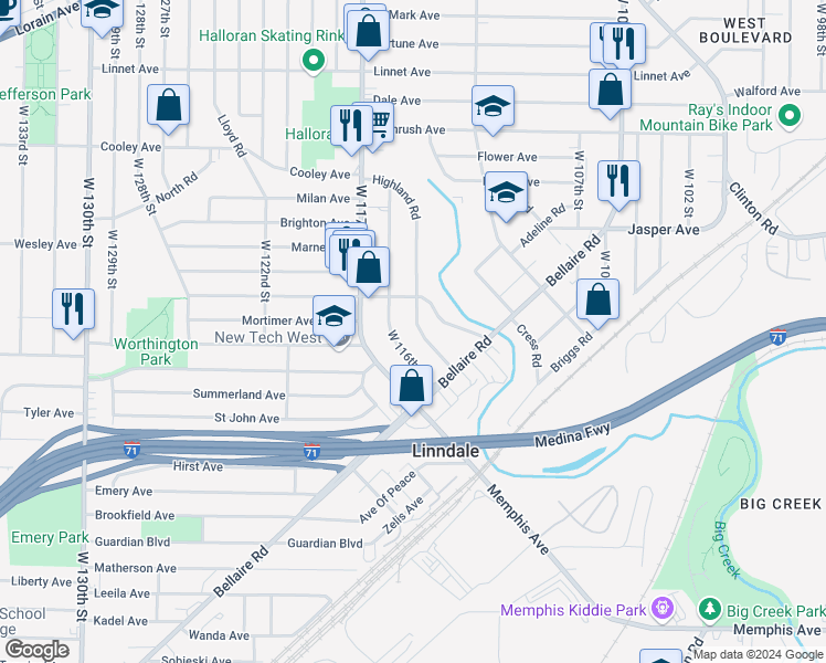 map of restaurants, bars, coffee shops, grocery stores, and more near 11411 Kensington Avenue in Cleveland