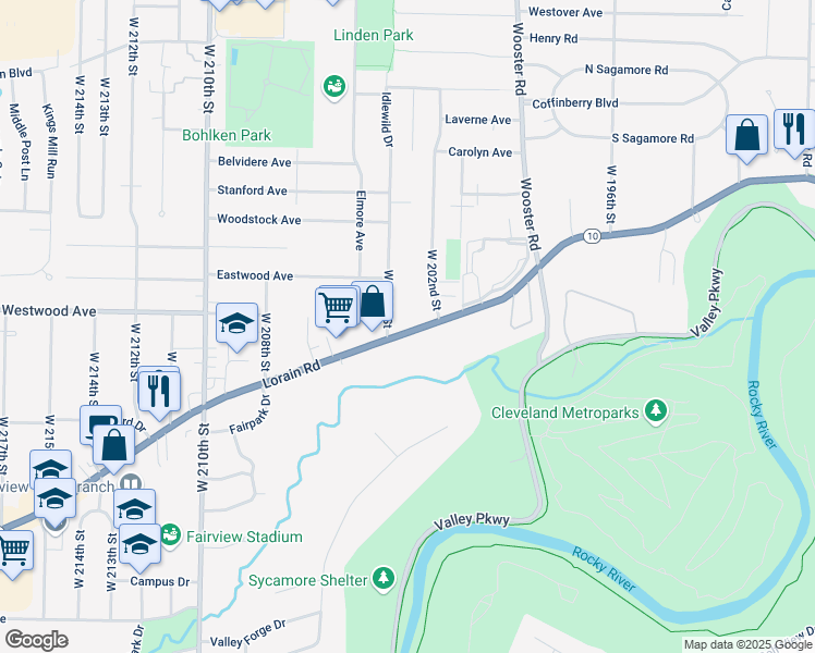 map of restaurants, bars, coffee shops, grocery stores, and more near 4392 West 202nd Street in Fairview Park