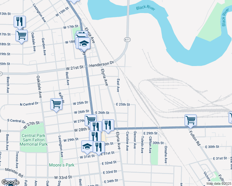 map of restaurants, bars, coffee shops, grocery stores, and more near 303 East 23rd Street in Lorain