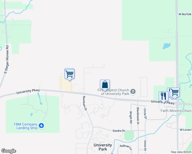map of restaurants, bars, coffee shops, grocery stores, and more near 501-599 Burnham Dr in University Park