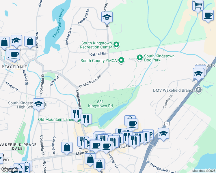 map of restaurants, bars, coffee shops, grocery stores, and more near 128A Old Mountain Road in South Kingstown