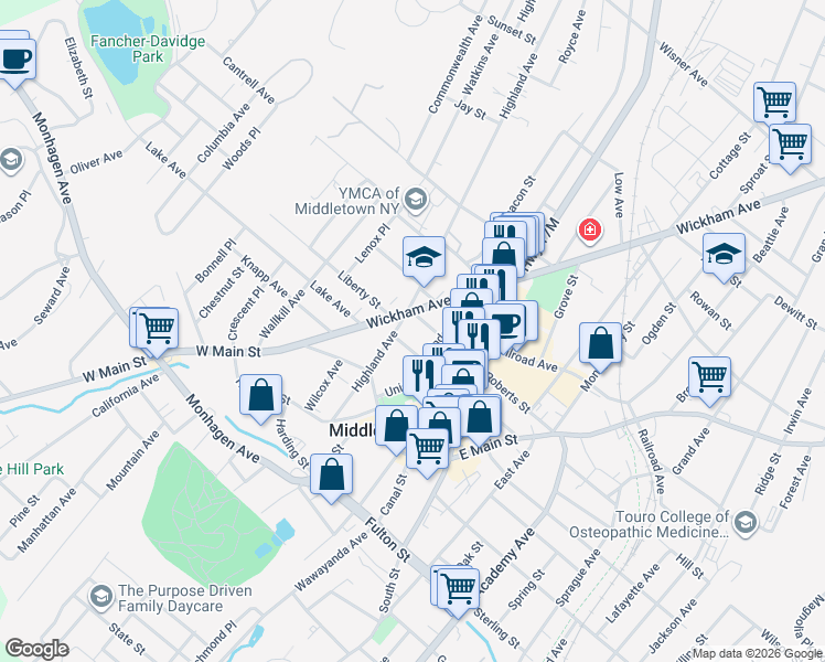 map of restaurants, bars, coffee shops, grocery stores, and more near 48 Wickham Avenue in Middletown