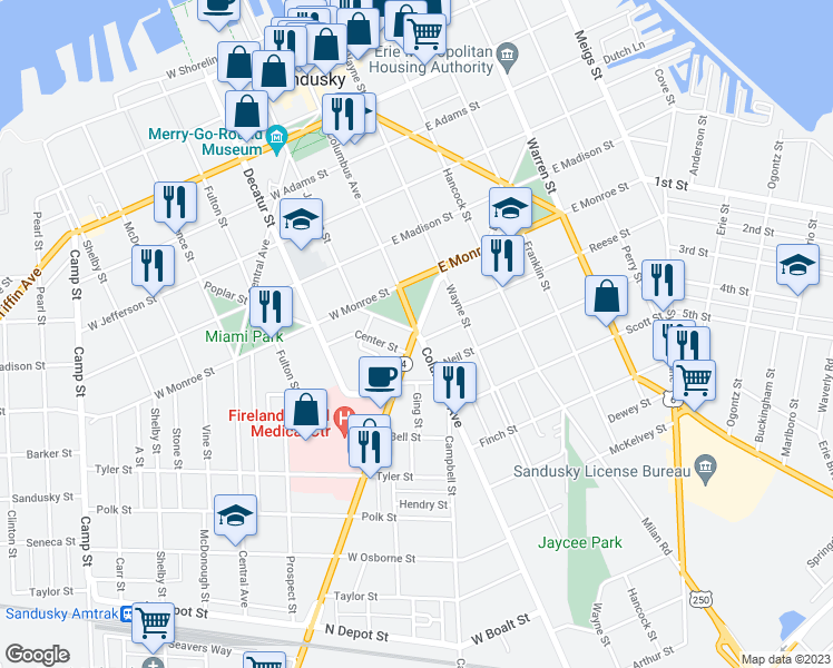 map of restaurants, bars, coffee shops, grocery stores, and more near 806 Hayes Avenue in Sandusky