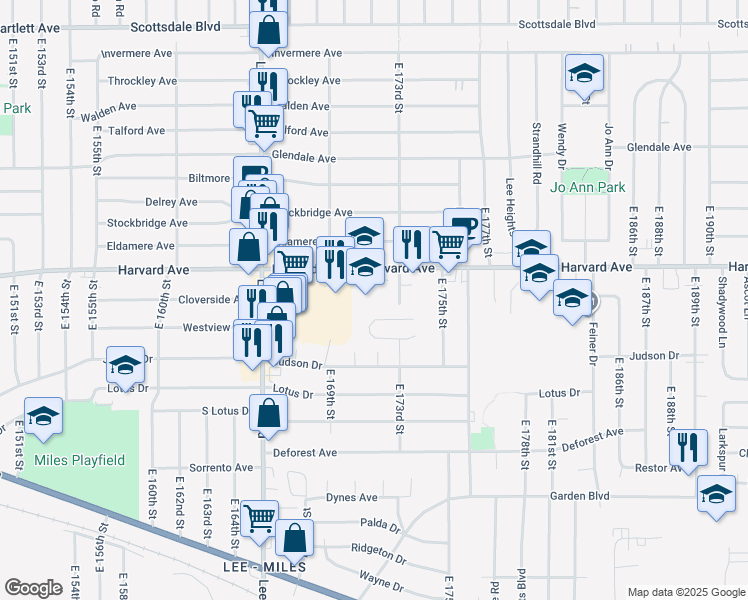 map of restaurants, bars, coffee shops, grocery stores, and more near 17210 Harvard Avenue in Cleveland