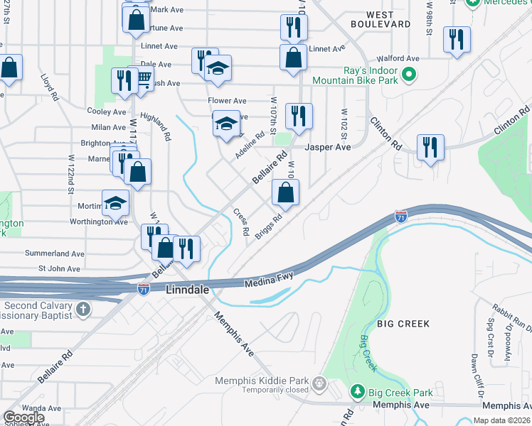 map of restaurants, bars, coffee shops, grocery stores, and more near 3769 West 107th Street in Cleveland