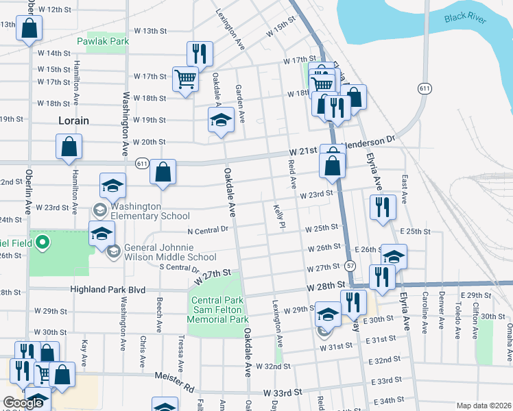 map of restaurants, bars, coffee shops, grocery stores, and more near 509 West 22nd Street in Lorain
