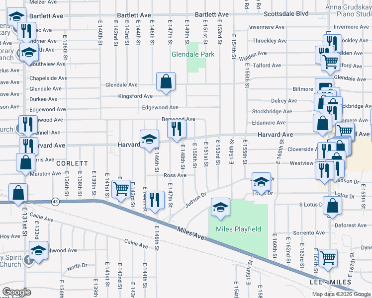 map of restaurants, bars, coffee shops, grocery stores, and more near 4067 East 148th Street in Cleveland
