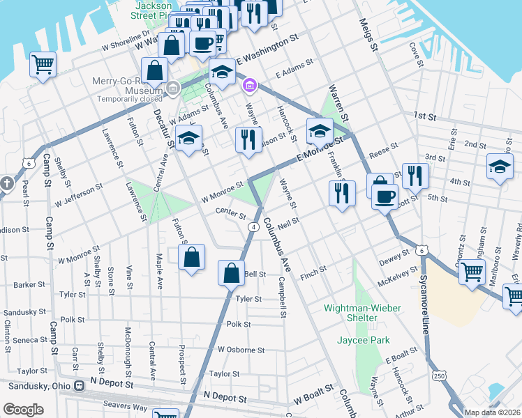 map of restaurants, bars, coffee shops, grocery stores, and more near 804 Hayes Avenue in Sandusky