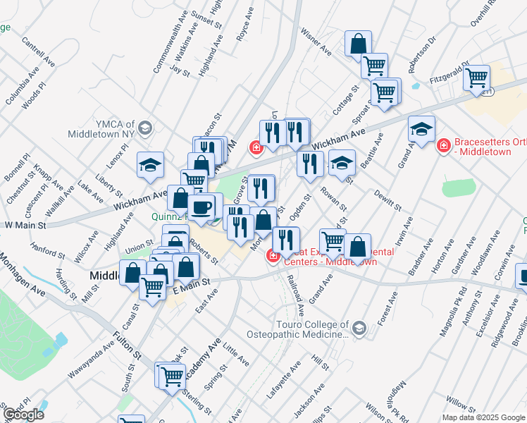 map of restaurants, bars, coffee shops, grocery stores, and more near 64 Cottage Street in Middletown