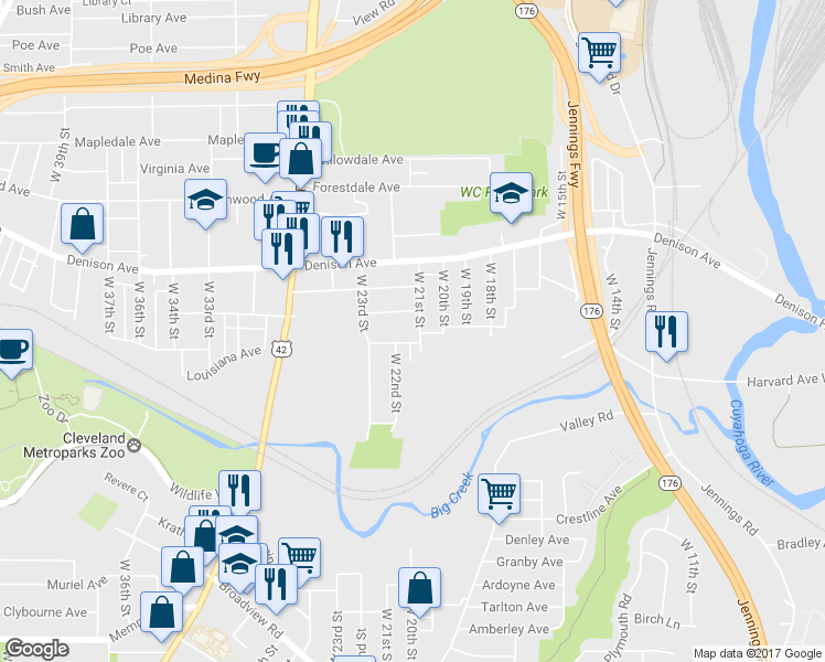 map of restaurants, bars, coffee shops, grocery stores, and more near 2116 Hurley Avenue in Cleveland