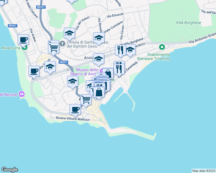 map of restaurants, bars, coffee shops, grocery stores, and more near 68 Via Antonio Gramsci in Anzio