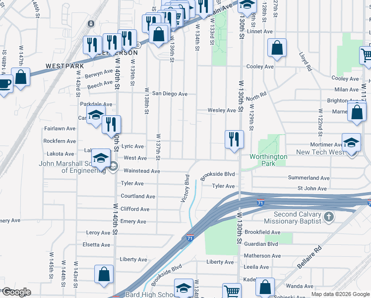 map of restaurants, bars, coffee shops, grocery stores, and more near 3849 West 135th Street in Cleveland