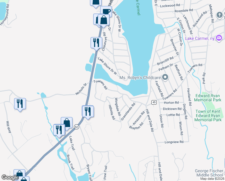 map of restaurants, bars, coffee shops, grocery stores, and more near 19 Teatown Court in Carmel Hamlet