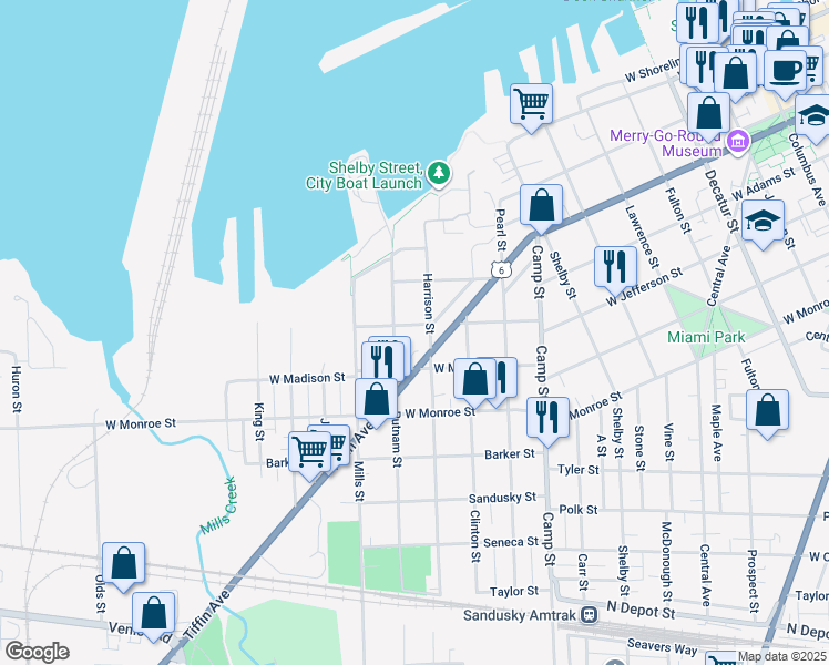 map of restaurants, bars, coffee shops, grocery stores, and more near 1816 West Jefferson Street in Sandusky