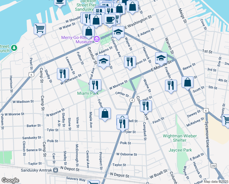 map of restaurants, bars, coffee shops, grocery stores, and more near 304 West Monroe Street in Sandusky