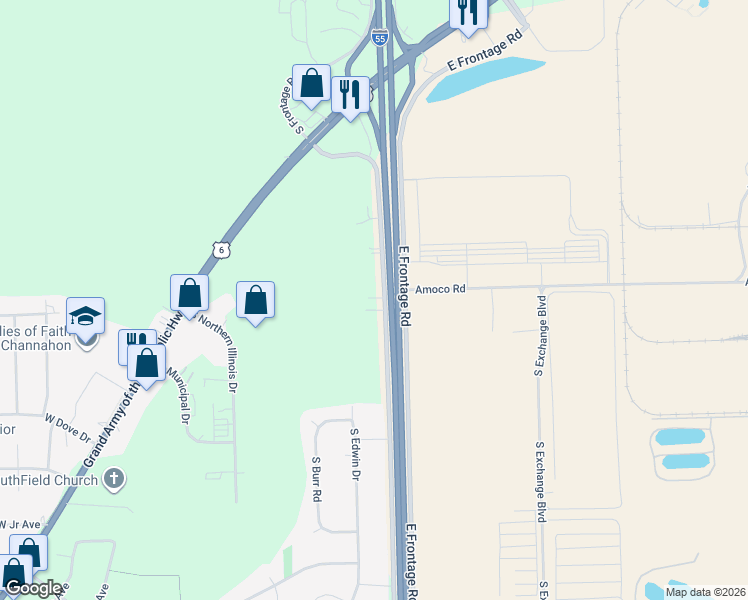 map of restaurants, bars, coffee shops, grocery stores, and more near 23906 South Frontage Road West in Channahon