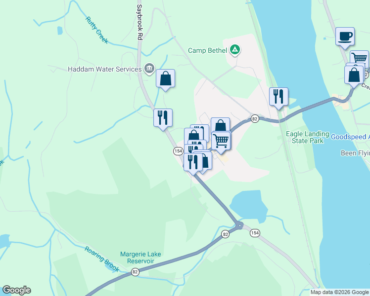 map of restaurants, bars, coffee shops, grocery stores, and more near 1586 Saybrook Road in Haddam