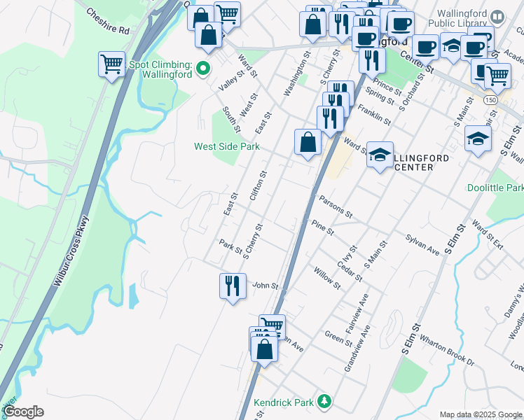 map of restaurants, bars, coffee shops, grocery stores, and more near 235 South Cherry Street in Wallingford