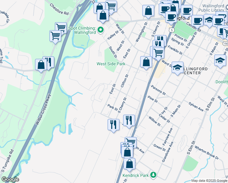 map of restaurants, bars, coffee shops, grocery stores, and more near 146 East Street in Wallingford