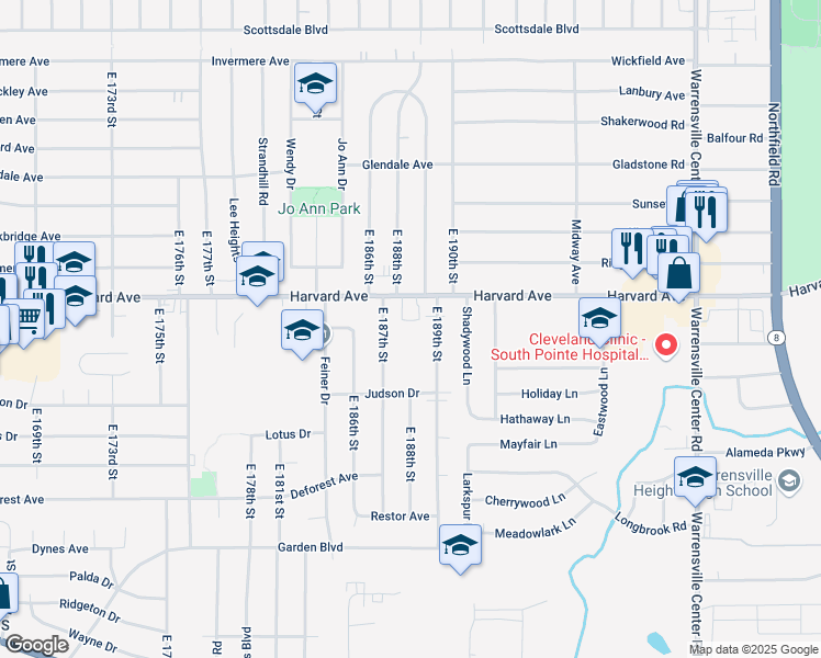 map of restaurants, bars, coffee shops, grocery stores, and more near 18708 Harvard Avenue in Cleveland