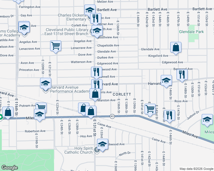 map of restaurants, bars, coffee shops, grocery stores, and more near 13302 Crennell Avenue in Cleveland