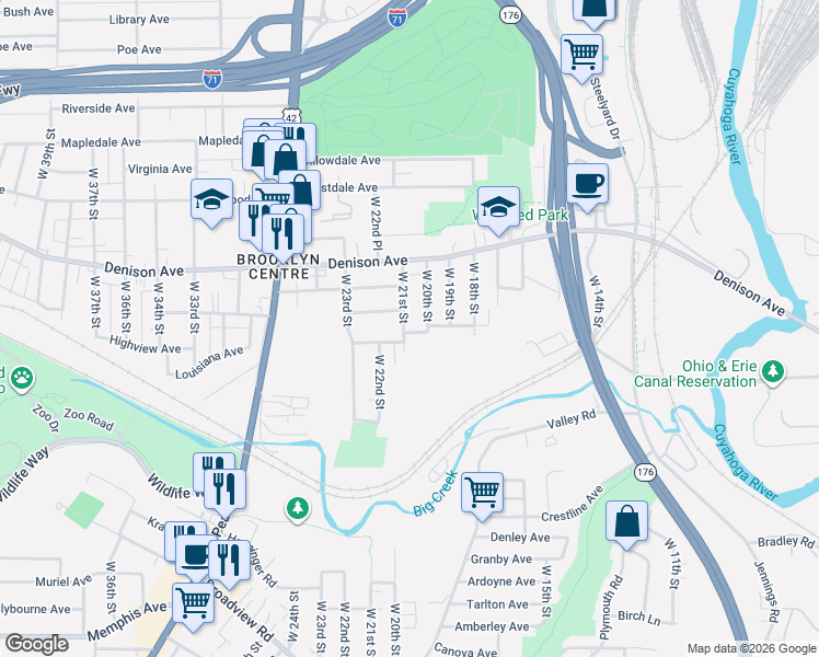 map of restaurants, bars, coffee shops, grocery stores, and more near 3888 West 20th Street in Cleveland