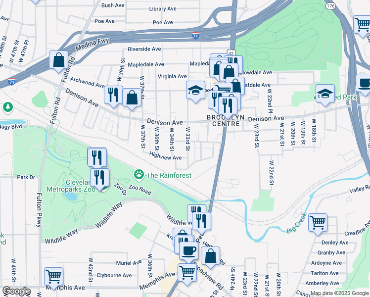 map of restaurants, bars, coffee shops, grocery stores, and more near 3875 West 33rd Street in Cleveland
