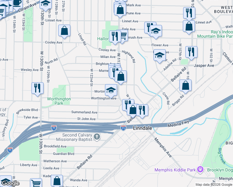 map of restaurants, bars, coffee shops, grocery stores, and more near 3806 West 117th Street in Cleveland