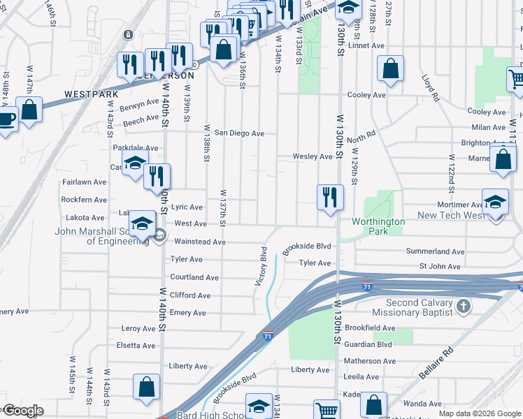 map of restaurants, bars, coffee shops, grocery stores, and more near 3849 West 135th Street in Cleveland