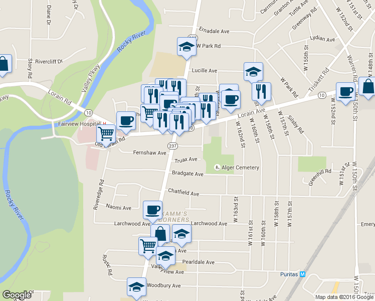 map of restaurants, bars, coffee shops, grocery stores, and more near 3865 Rocky River Drive in Cleveland
