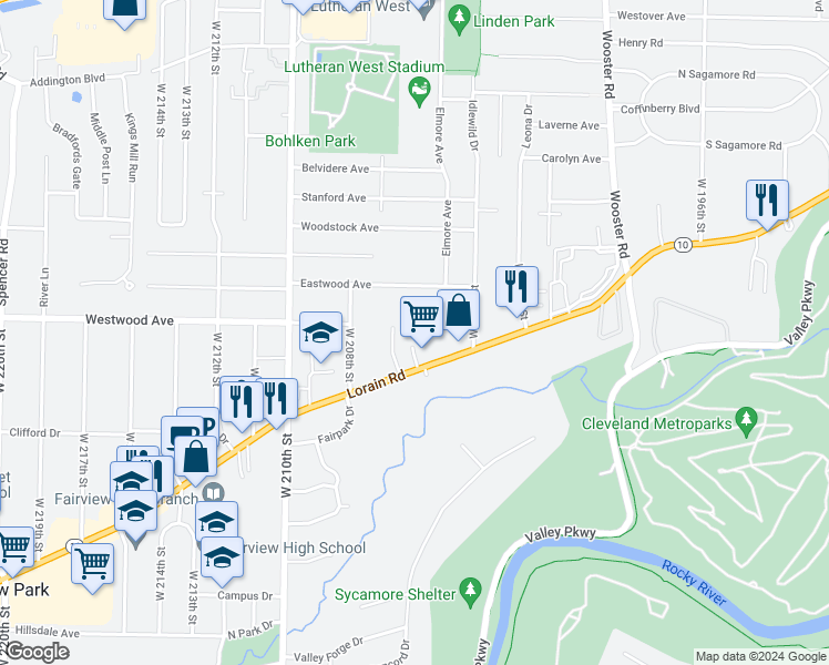 map of restaurants, bars, coffee shops, grocery stores, and more near in Fairview Park