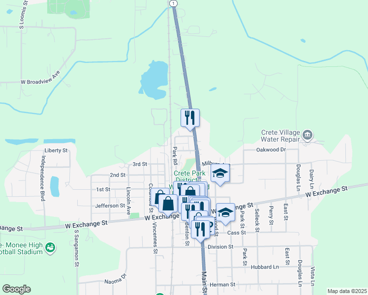 map of restaurants, bars, coffee shops, grocery stores, and more near 514 5th Street in Crete