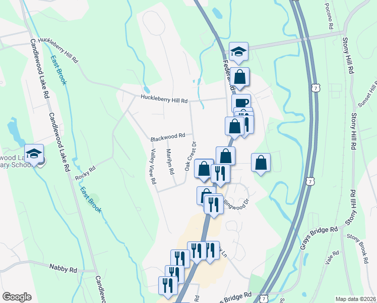 map of restaurants, bars, coffee shops, grocery stores, and more near 11 Oak Crest Drive in Brookfield