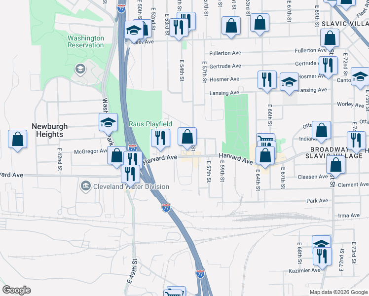 map of restaurants, bars, coffee shops, grocery stores, and more near 3990 East 55th Street in Newburgh Heights