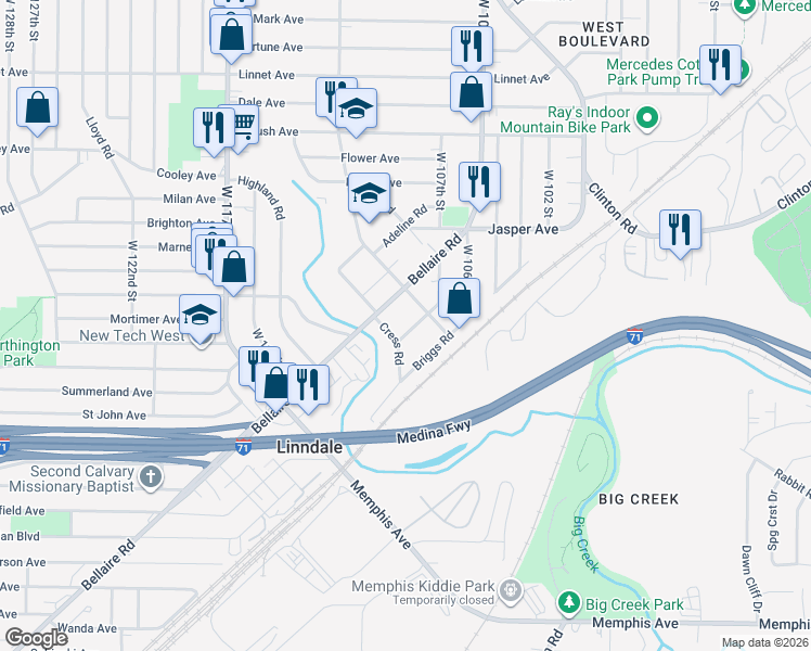 map of restaurants, bars, coffee shops, grocery stores, and more near 3800 Bosworth Road in Cleveland