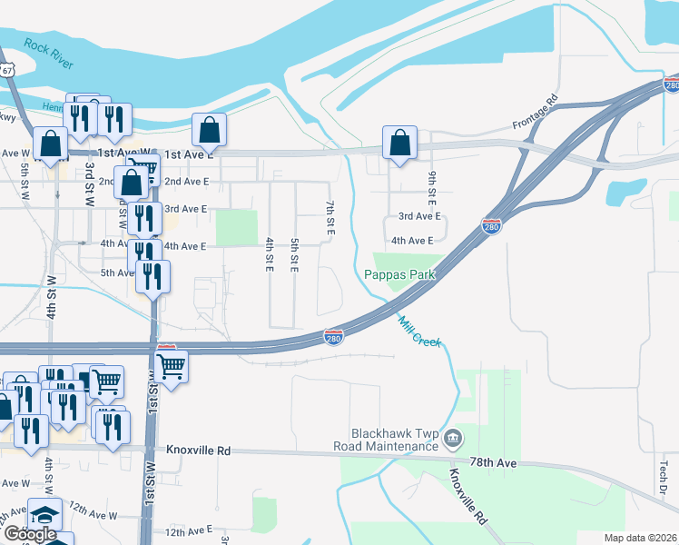 map of restaurants, bars, coffee shops, grocery stores, and more near 423 7th Street Court East in Milan