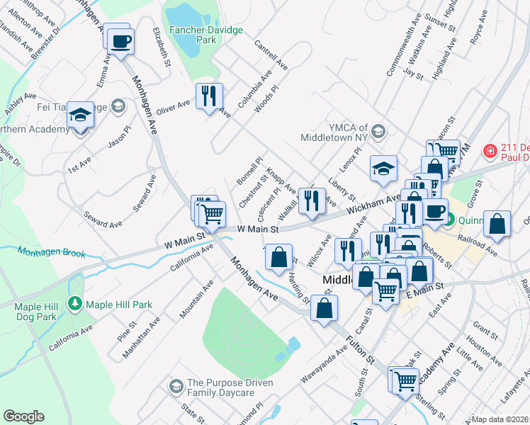 map of restaurants, bars, coffee shops, grocery stores, and more near 19 Crescent Place in Middletown