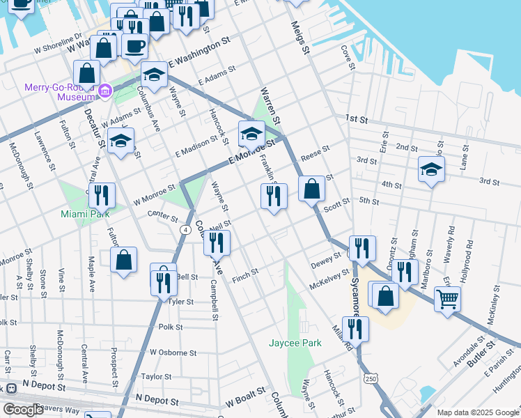 map of restaurants, bars, coffee shops, grocery stores, and more near 312 Neil Street in Sandusky