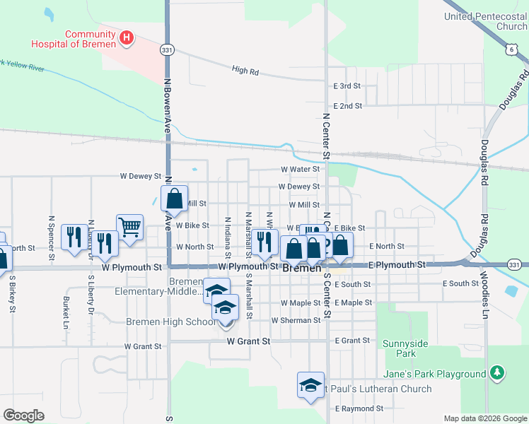 map of restaurants, bars, coffee shops, grocery stores, and more near 400-498 North Marshall Street in Bremen